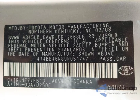 2009 Toyota Camry Se/Le/Xle from USA, damaged, VIN 4T4BE46K89R051747